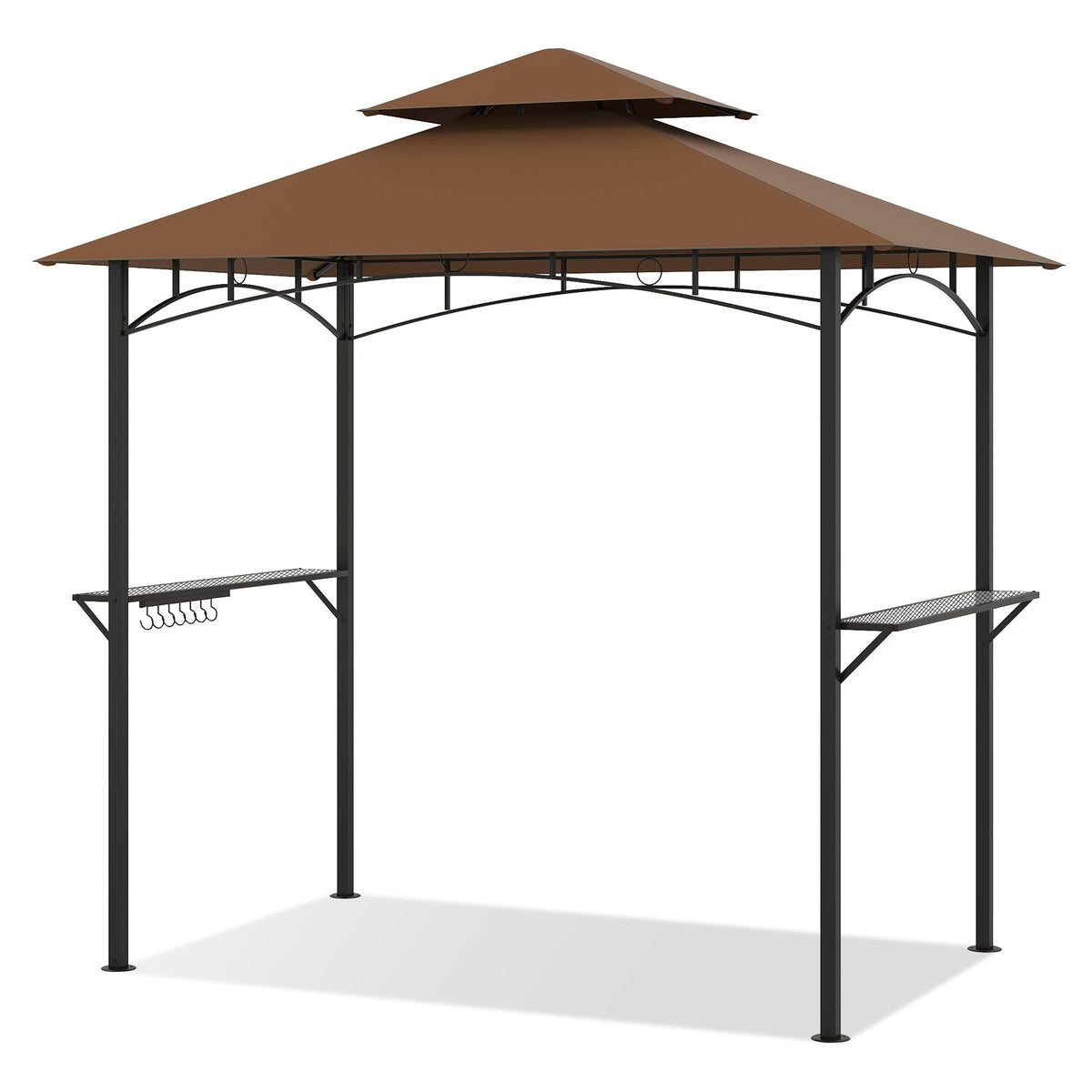Outdoor Double-Tiered Grill Gazebo Canopy with 2 Shelves and 7 Hooks