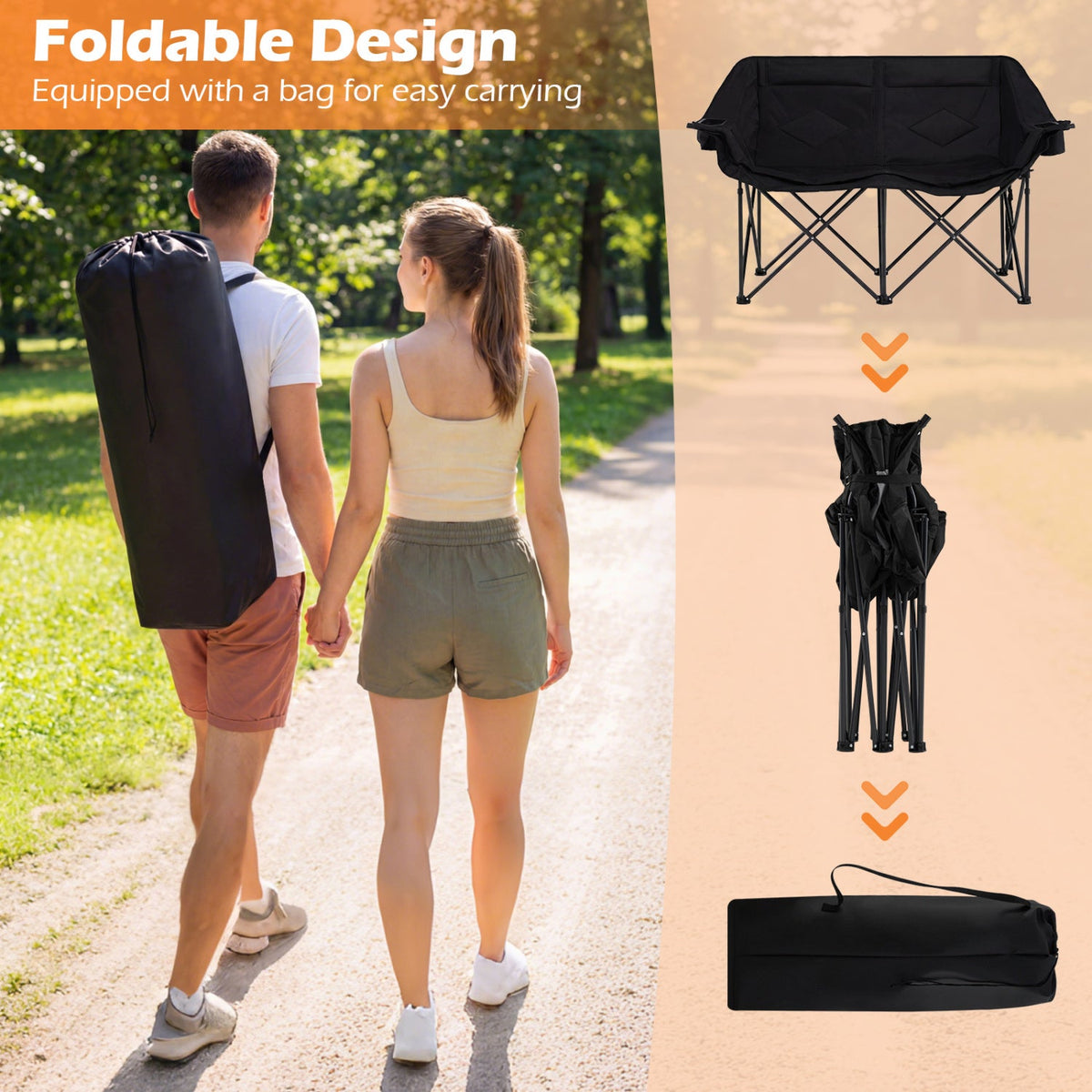 Silla de camping doble con portavasos, soportes para copas y bolsillos de malla