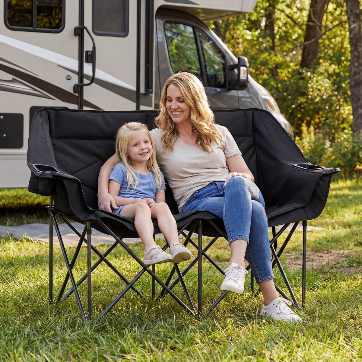 Silla de camping doble con portavasos, soportes para copas y bolsillos de malla