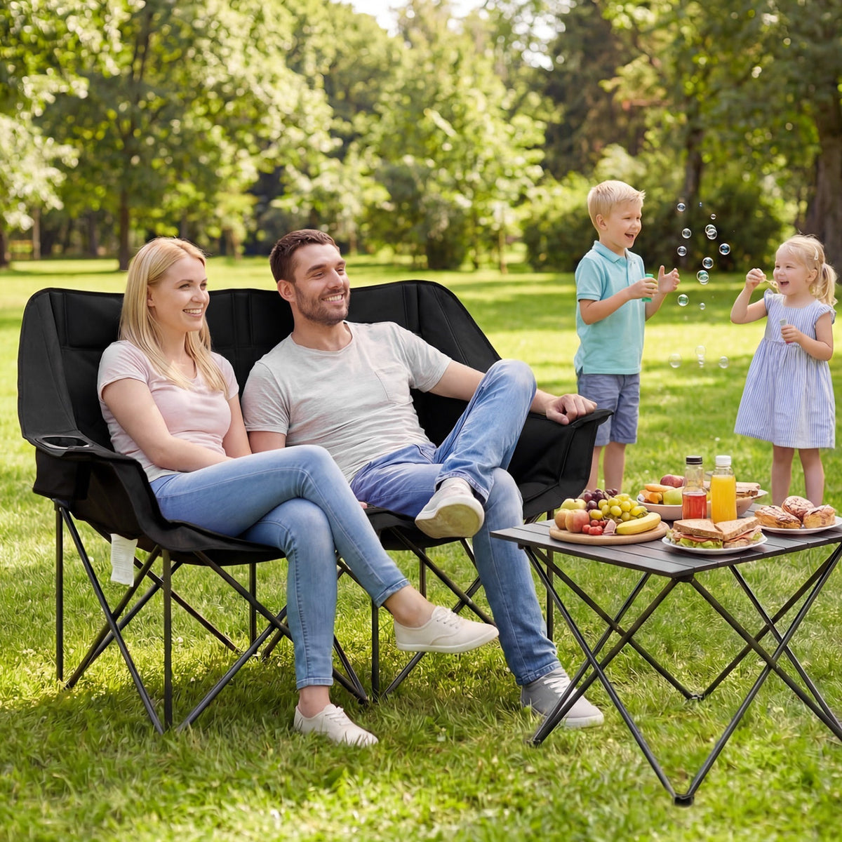 Silla de camping doble con portavasos, soportes para copas y bolsillos de malla