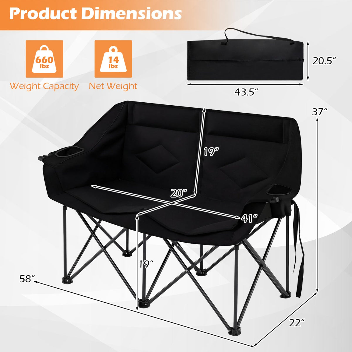 Silla de camping doble con portavasos, soportes para copas y bolsillos de malla