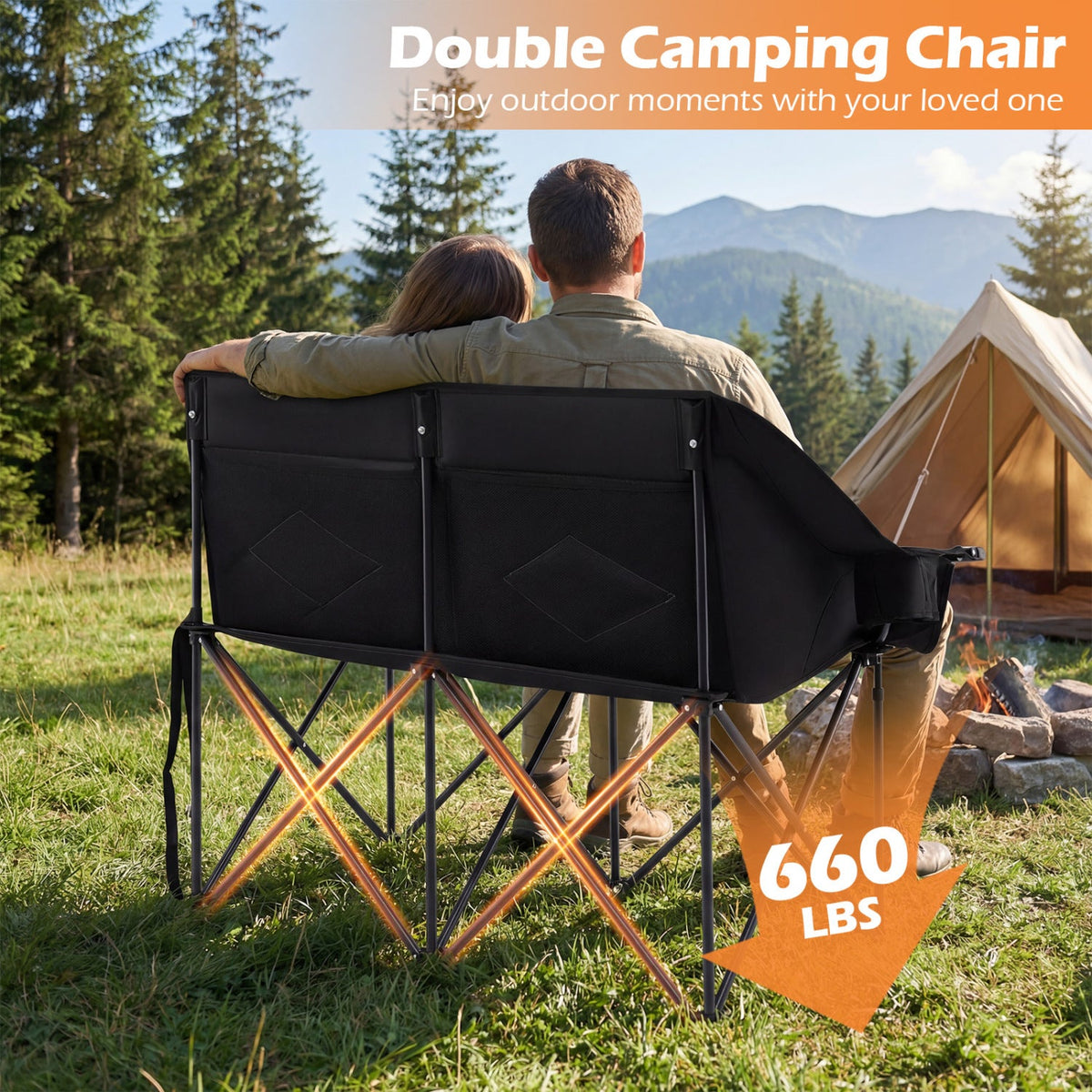 Silla de camping doble con portavasos, soportes para copas y bolsillos de malla
