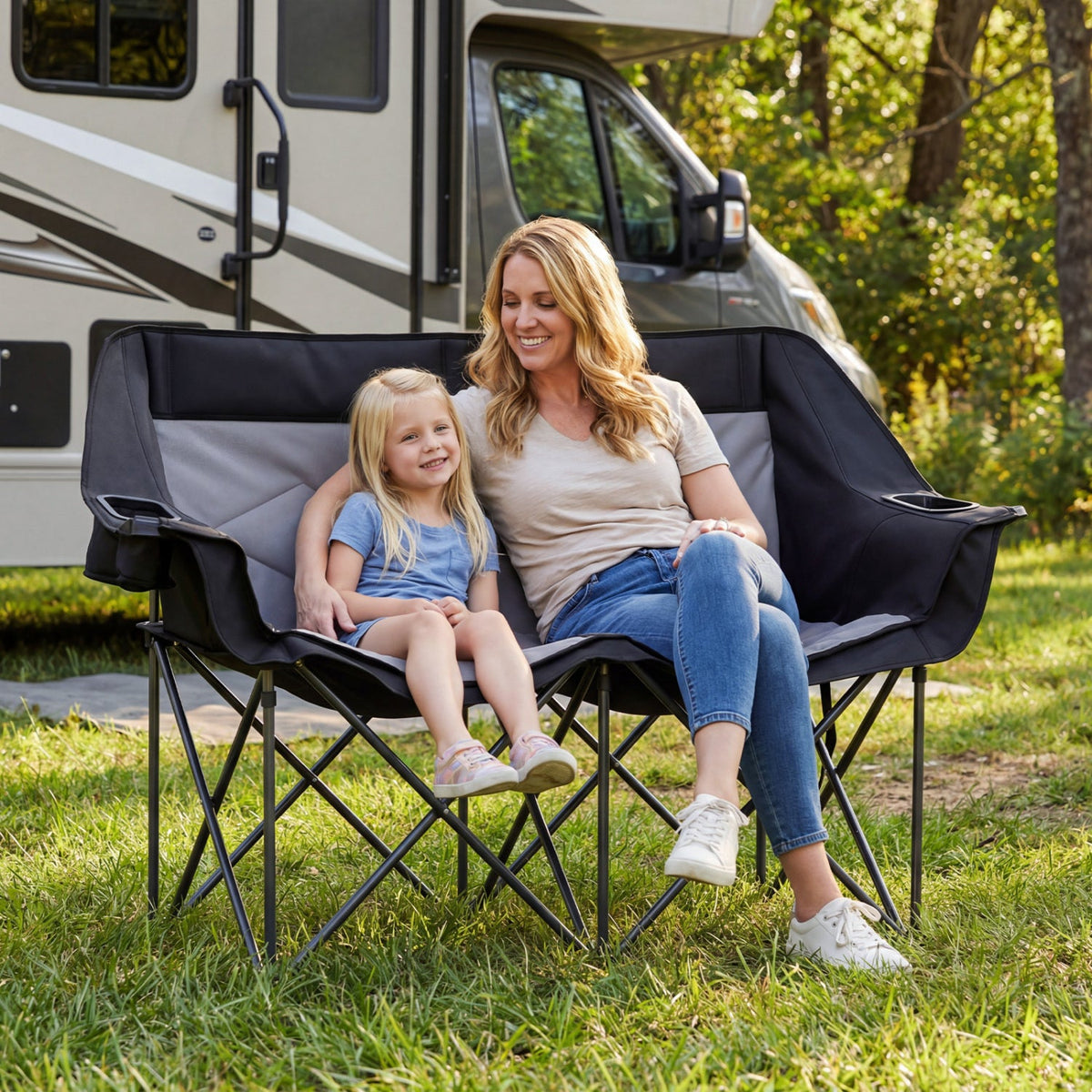 Silla de camping doble con portavasos, soportes para copas y bolsillos de malla