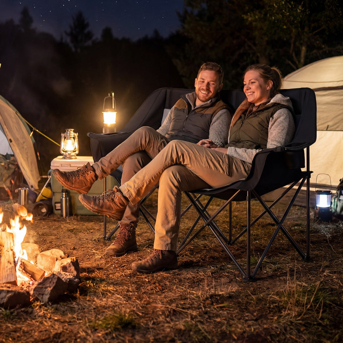 Silla de camping doble con portavasos, soportes para copas y bolsillos de malla
