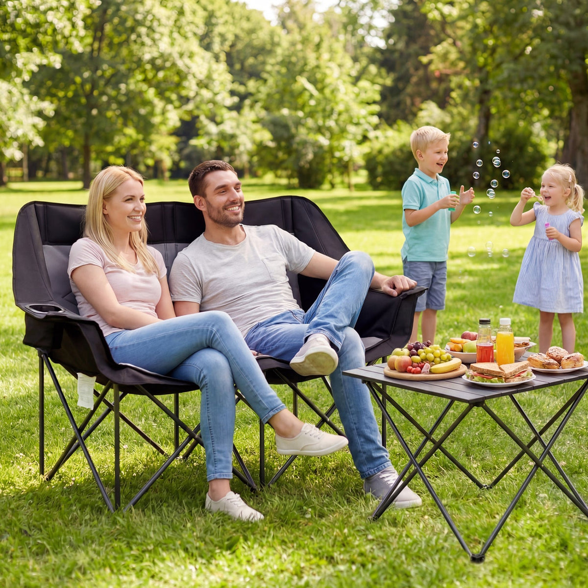 Silla de camping doble con portavasos, soportes para copas y bolsillos de malla