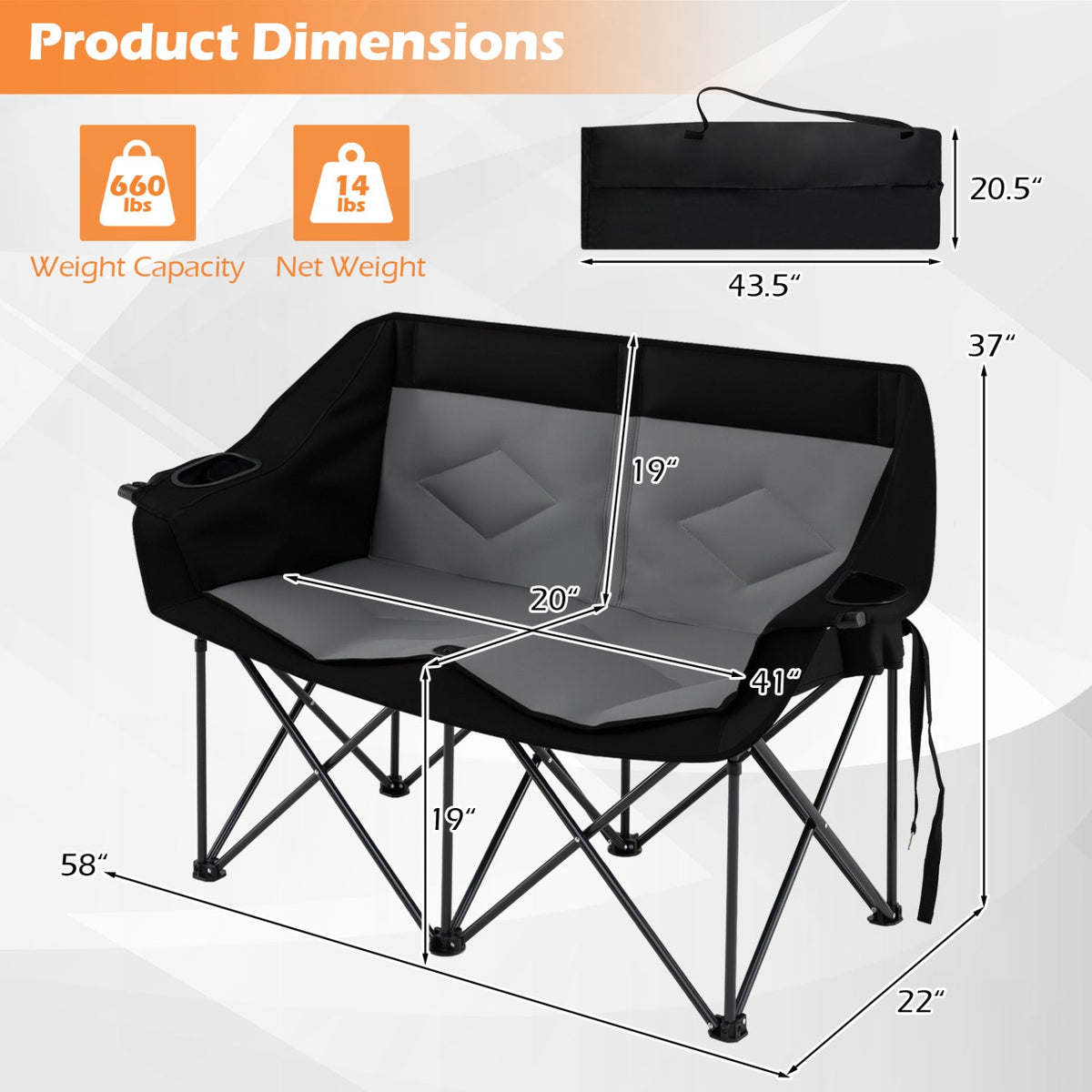 Silla de camping doble con portavasos, soportes para copas y bolsillos de malla