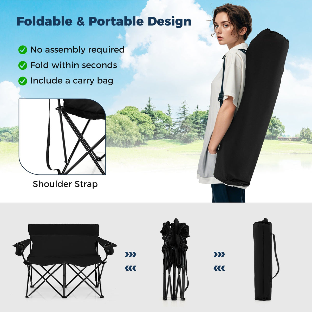 Silla doble de camping para 2 personas, sofá biplaza plegable de exterior con portavasos