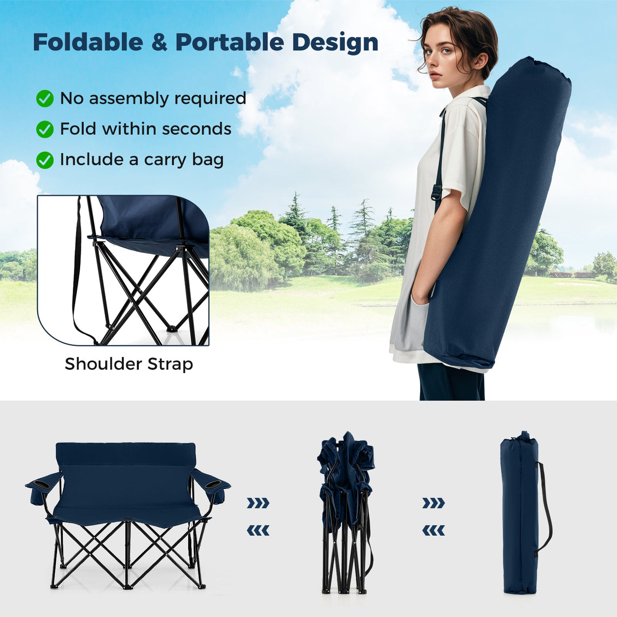 Silla doble de camping para 2 personas, sofá biplaza plegable de exterior con portavasos