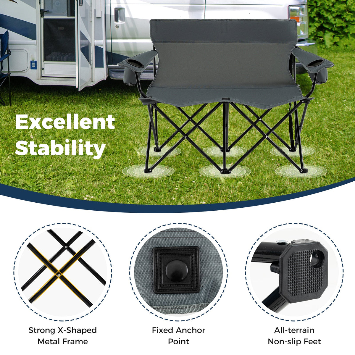 Silla doble de camping para 2 personas, sofá biplaza plegable de exterior con portavasos