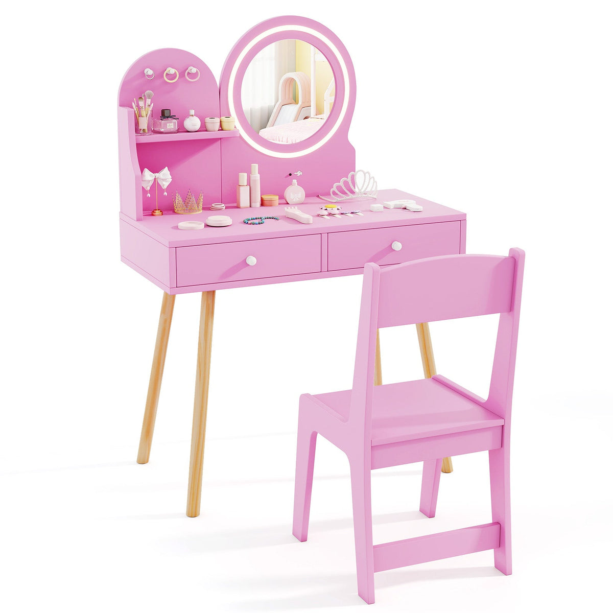 Kids Princess Makeup Dressing Desk and Chair Set with Mirror and Lights-Pink