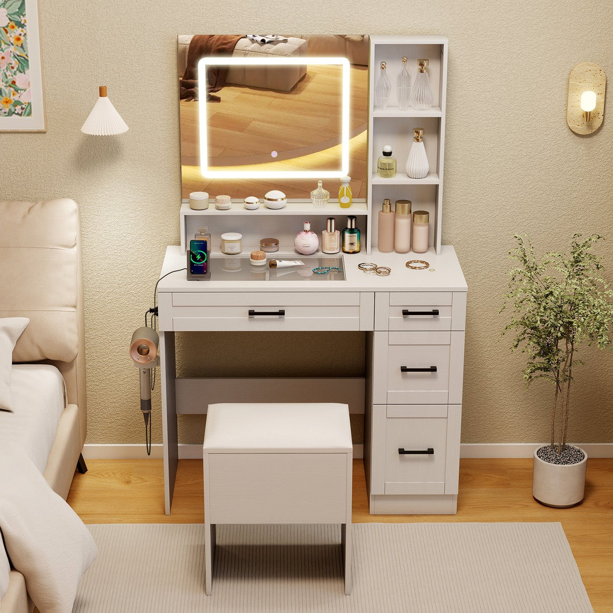 Dressing Desk with 3 Color Lighting and Hair Dryer Stand-White