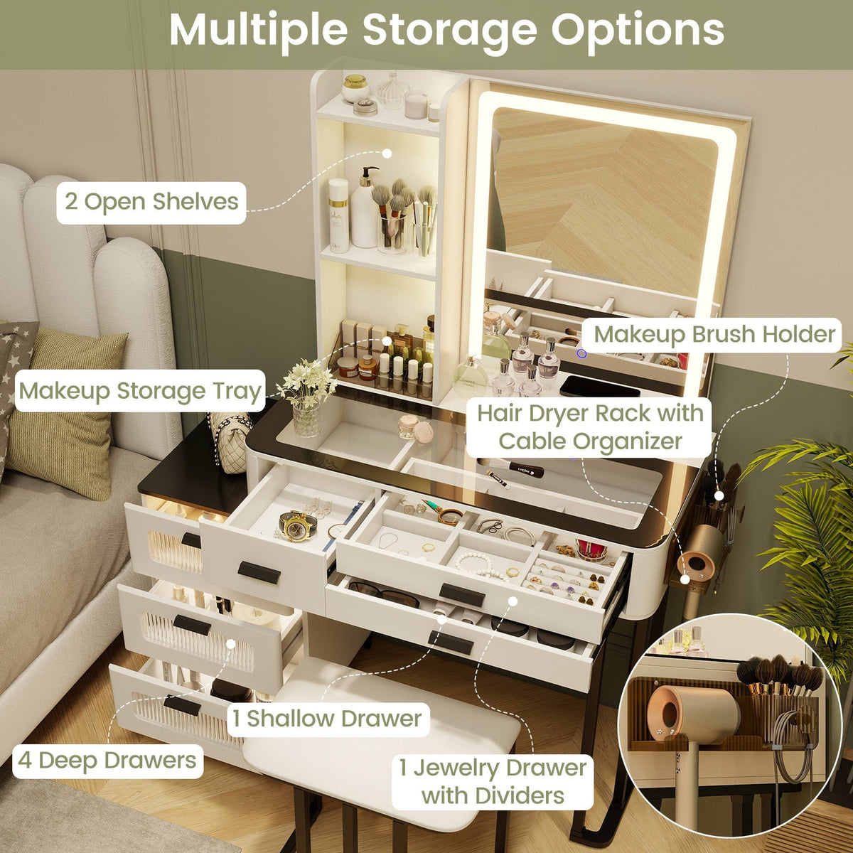 Makeup Vanity Dressing Table and Stool Set with Mirror and 3-Color LED Lights-White