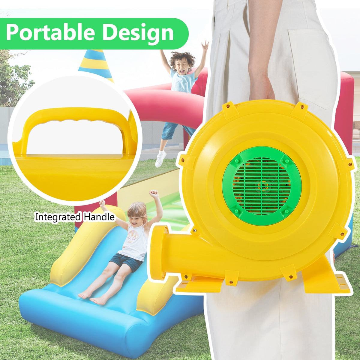 780W Bounce House Blower 1 HP Portable Air Pump Fan with Handle and Ground Stakes