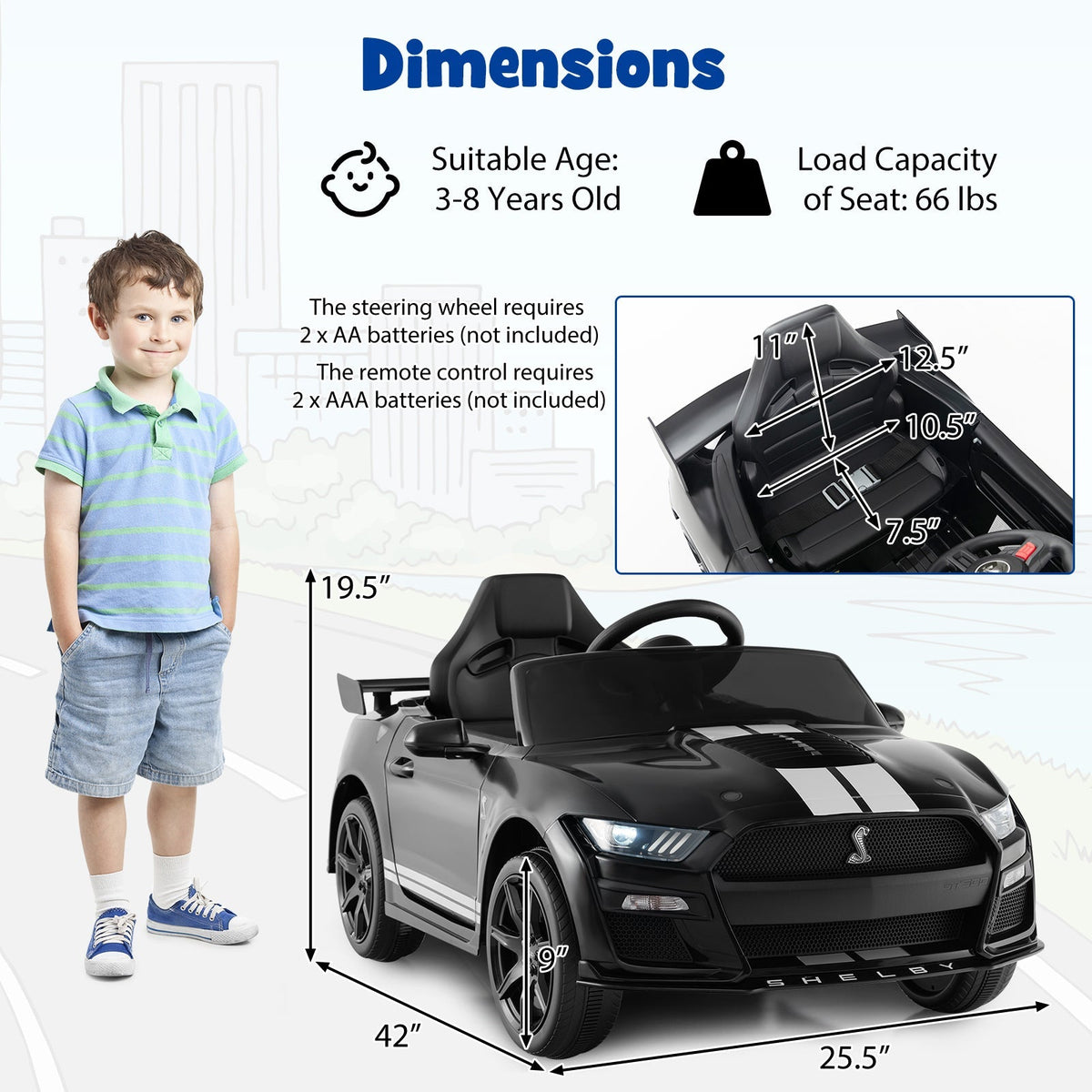 12V Licensed Ford Mustang Shelby GT500 Kids Ride on Car with Remote Control for Kids Aged 3-8