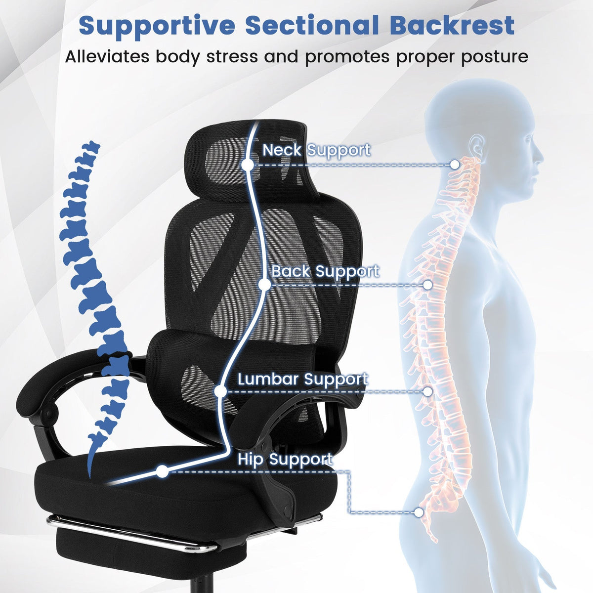 Ergonomic Office Chair High Back Mesh Desk Chair with Retractable Footrest-Black
