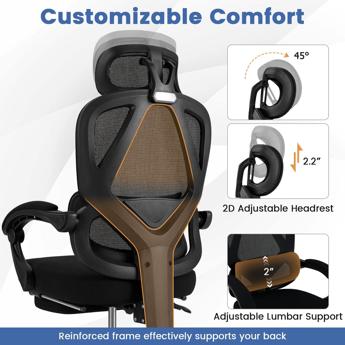 Ergonomic Office Chair High Back Mesh Desk Chair with Retractable Footrest-Black