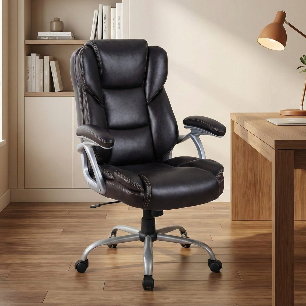 Executive Office Chair Leather Ergonomic Computer Desk Chair with Padded Seat and Armrests