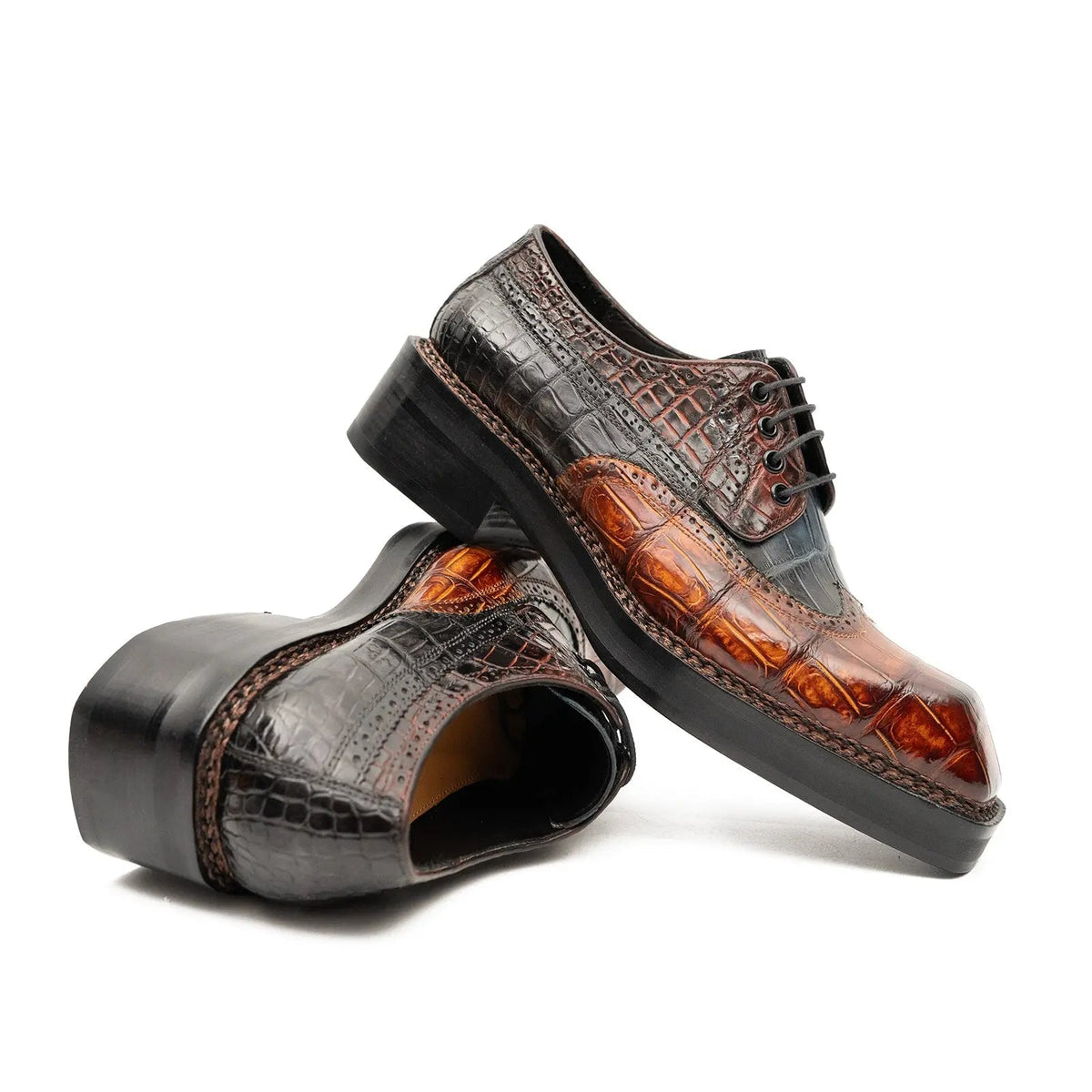 Brown-Black Wingtip Crocodile Leather Derby Shoes