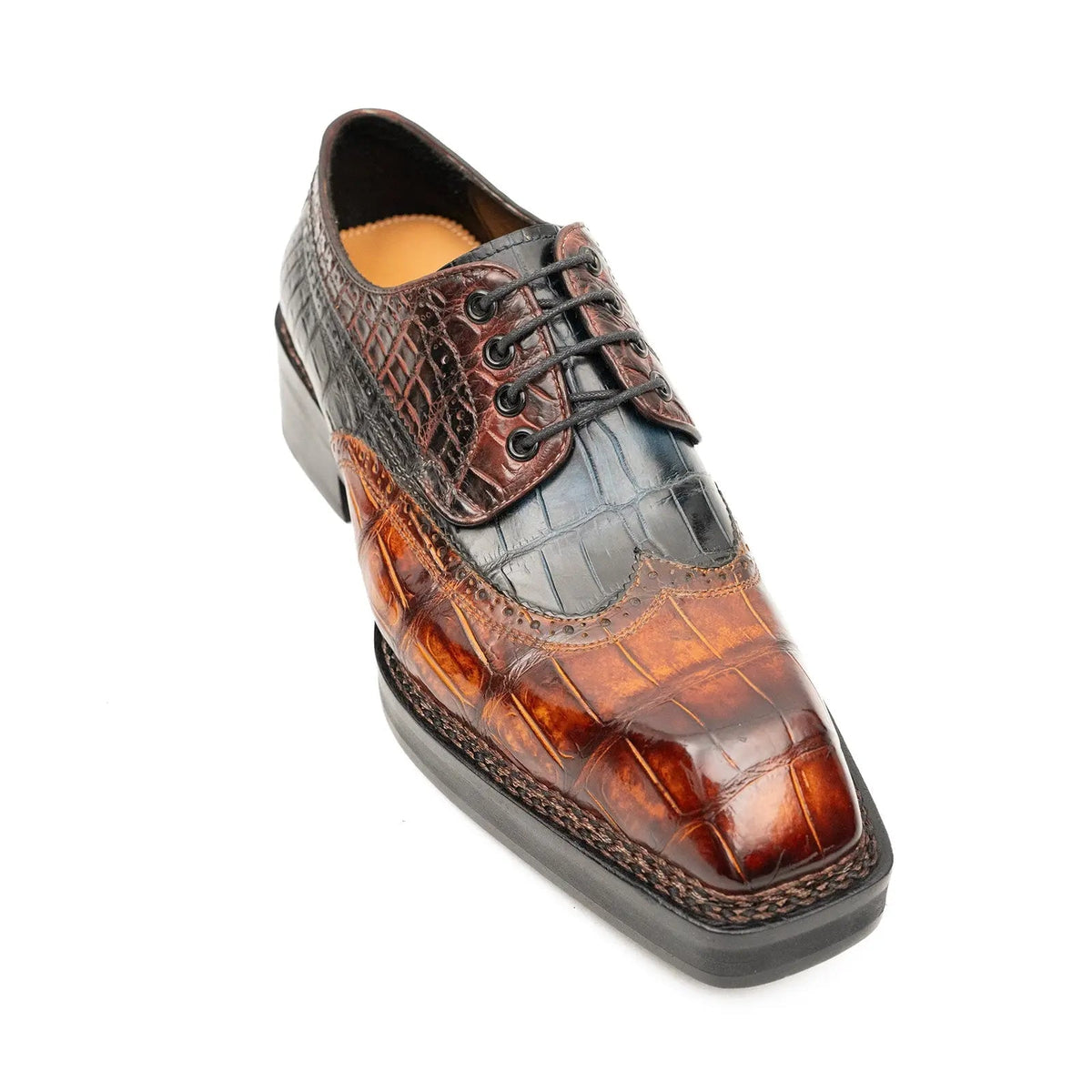 Brown-Black Wingtip Crocodile Leather Derby Shoes