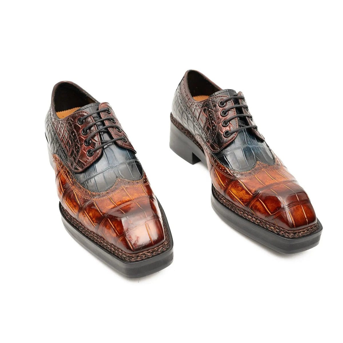 Brown-Black Wingtip Crocodile Leather Derby Shoes