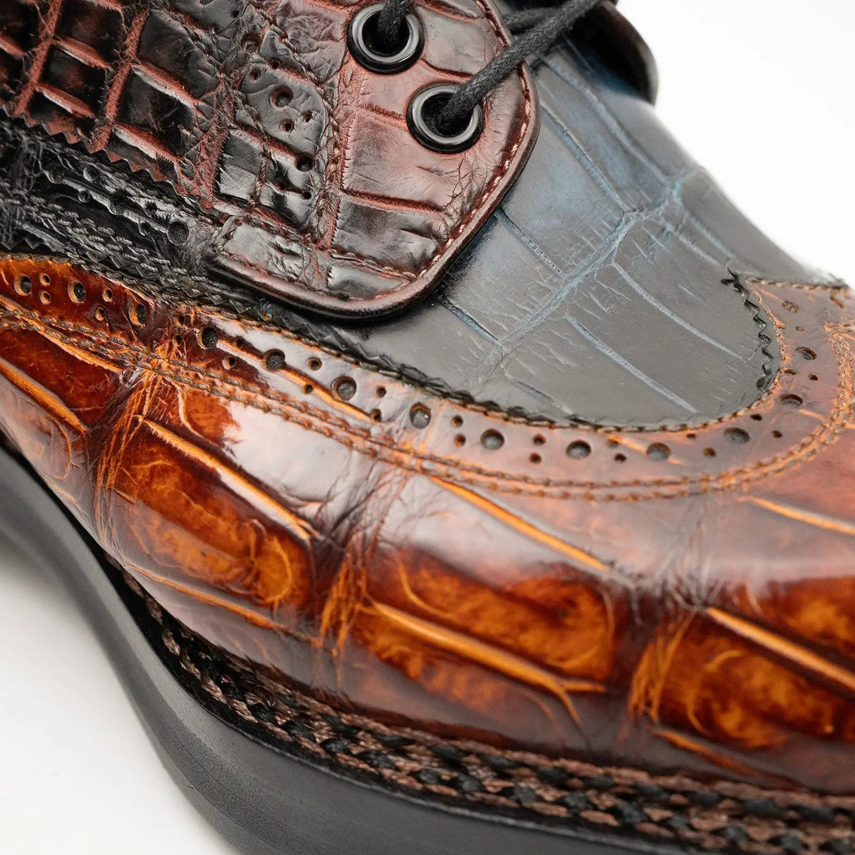 Brown-Black Wingtip Crocodile Leather Derby Shoes