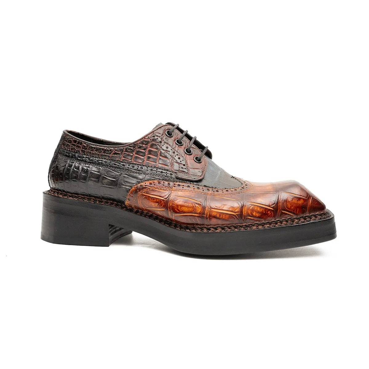 Brown-Black Wingtip Crocodile Leather Derby Shoes