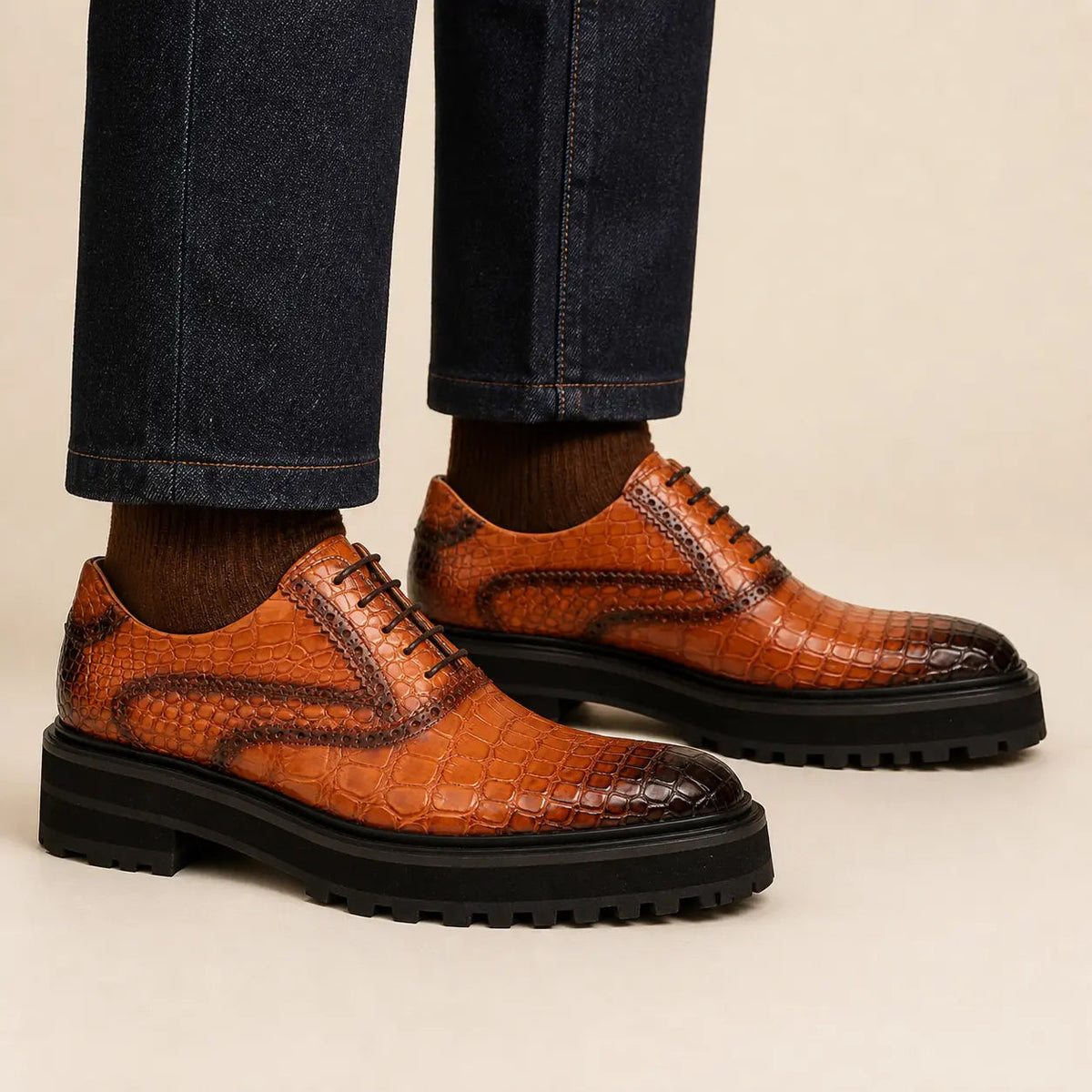 Orange-Brown Wingtip Crocodile Leather Oxford Shoes