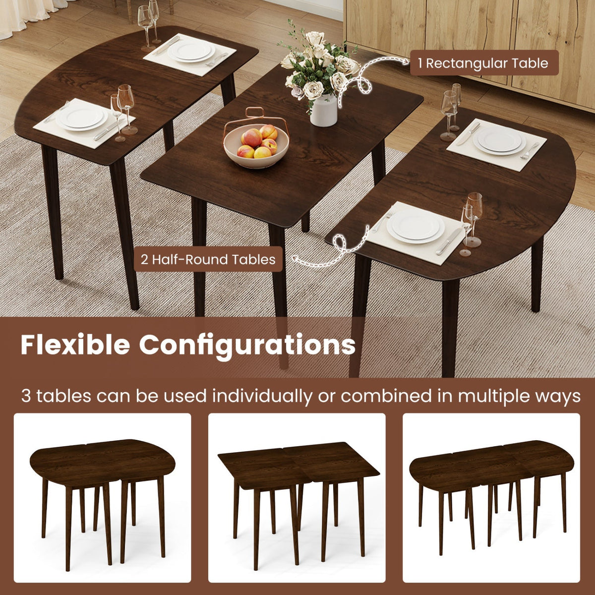 Extendable Oval Dining Table Set with 2 Half-Round Tables for 4-6 People