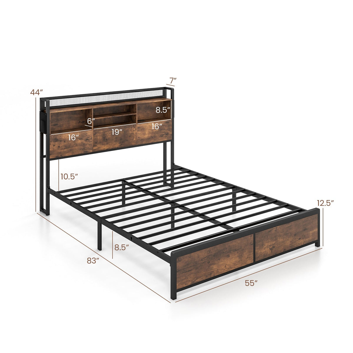 Full/Queen Size Bed Frame with 3-Tier Bookcase Headboard and Charging Station