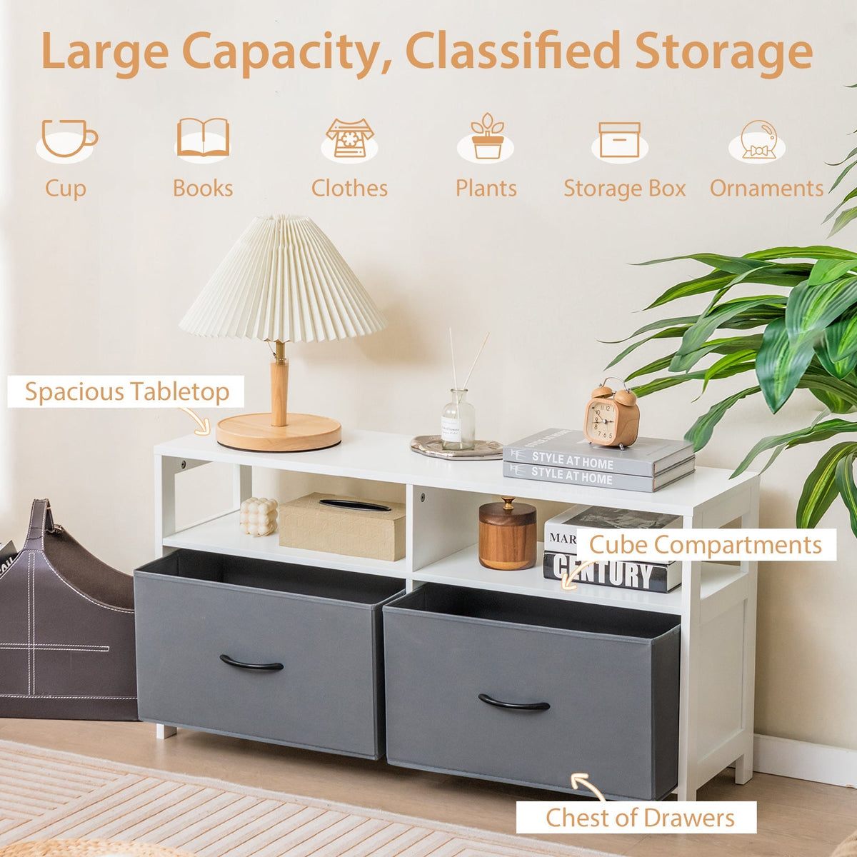 Fabric Chest of Drawers with 2 Drawers and 2 Open Shelves-White