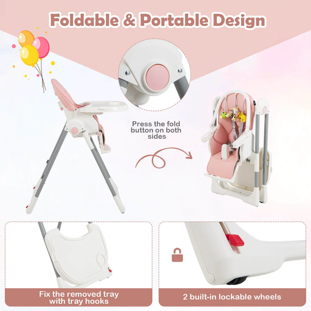 4-in-1 Foldable Baby High Chair with 7 Adjustable Heights and Free Toys Bar