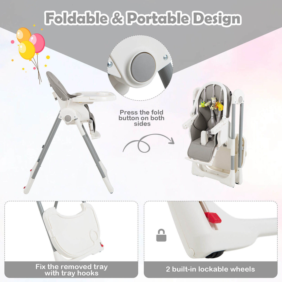 4-in-1 Foldable Baby High Chair with 7 Adjustable Heights and Free Toys Bar
