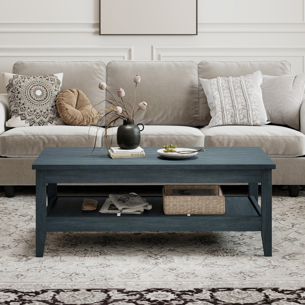 Farmhouse Coffee Table Rustic Cocktail Center Table with Thickened Tabletop