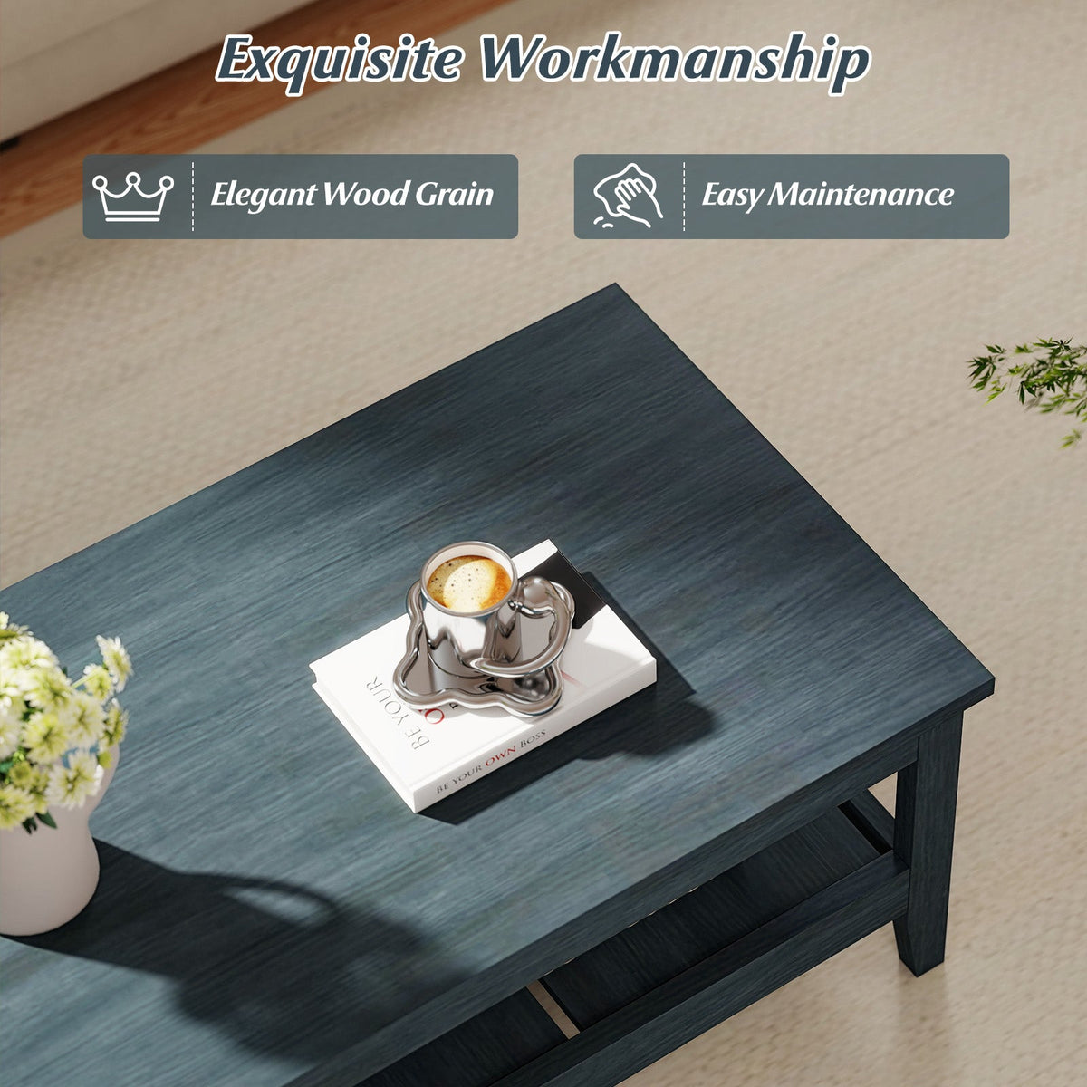 Farmhouse Coffee Table Rustic Cocktail Center Table with Thickened Tabletop