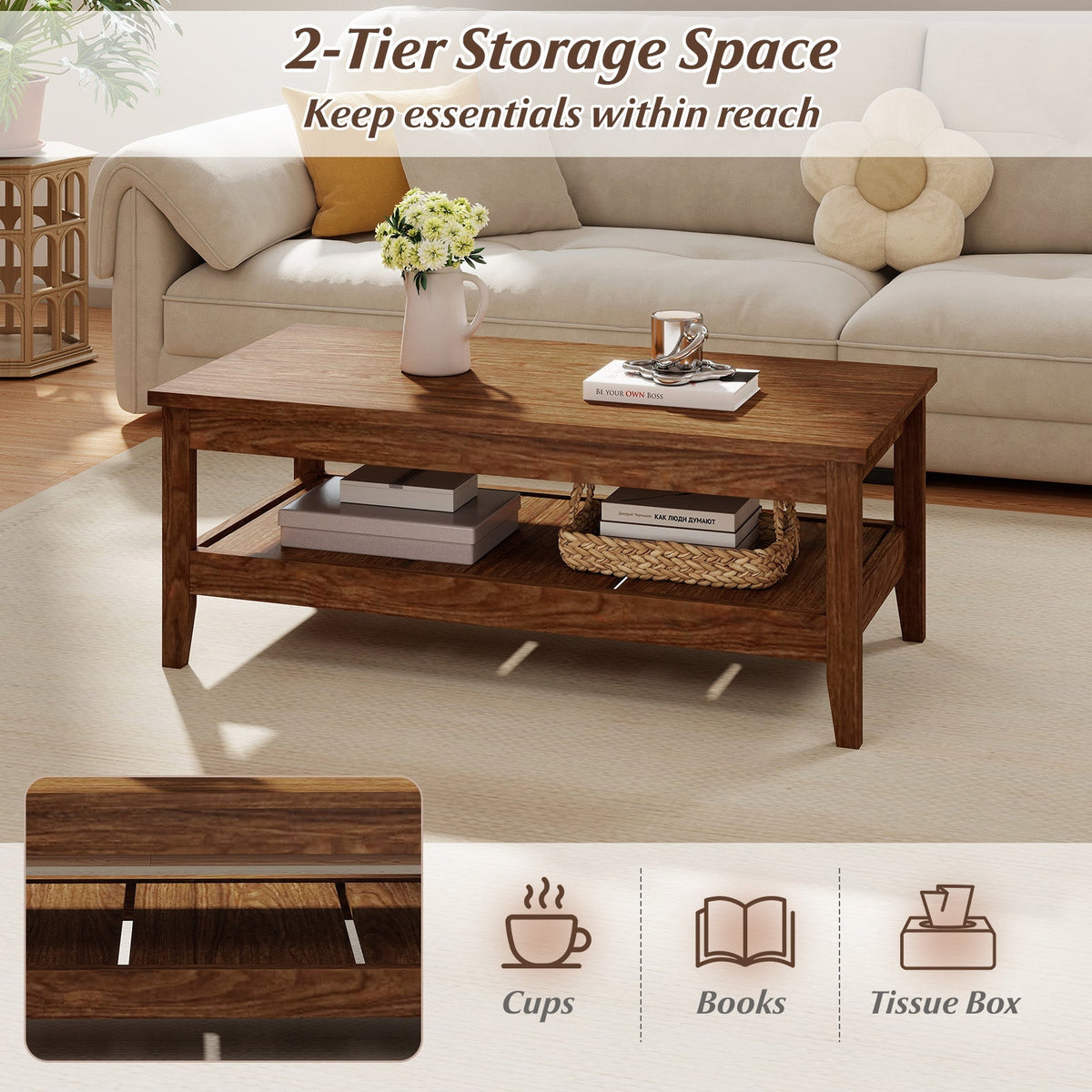 Farmhouse Coffee Table Rustic Cocktail Center Table with Thickened Tabletop