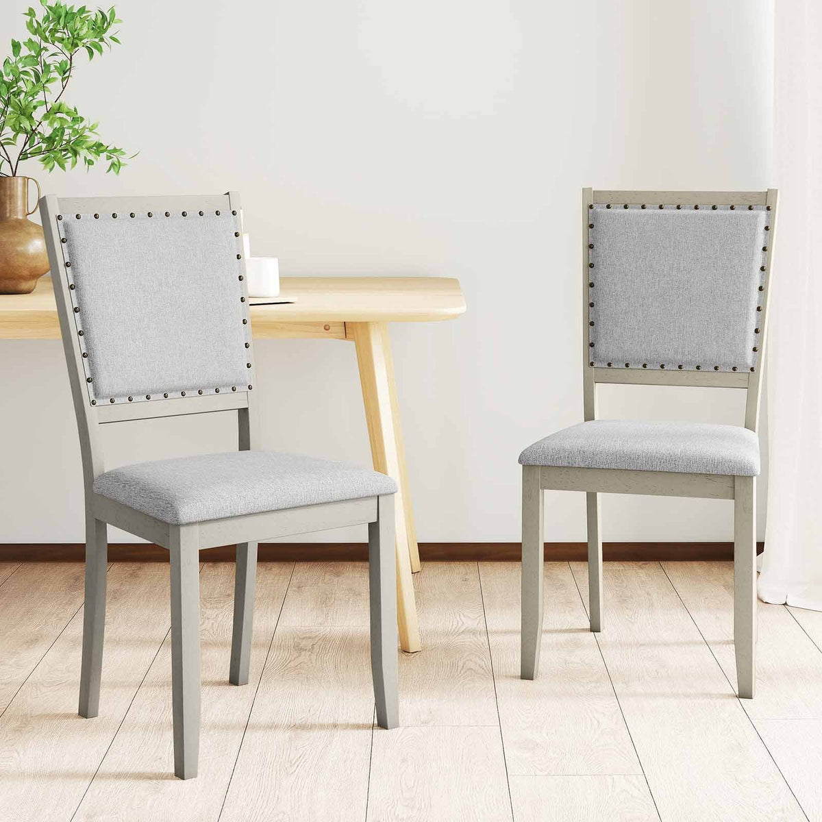 Farmhouse Dining Chair Set of 2 Fabric Upholstered Kitchen Chairs-Grey