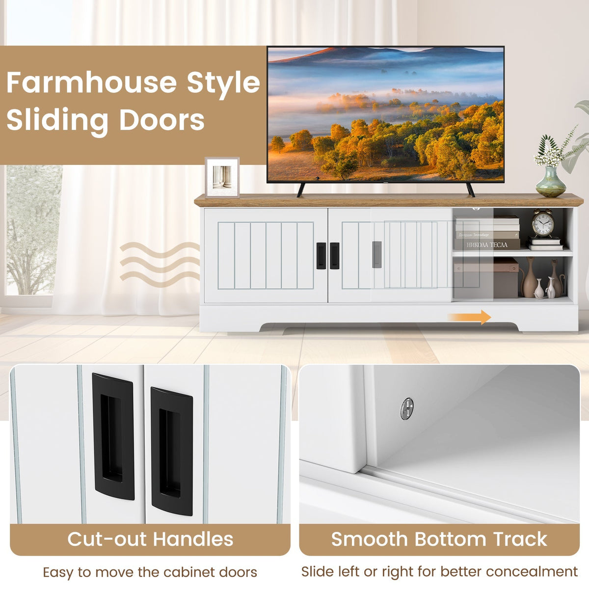 Farmhouse TV Stand for TVs up to 65 Inch with Sliding Doors and Storage Cabinets-White