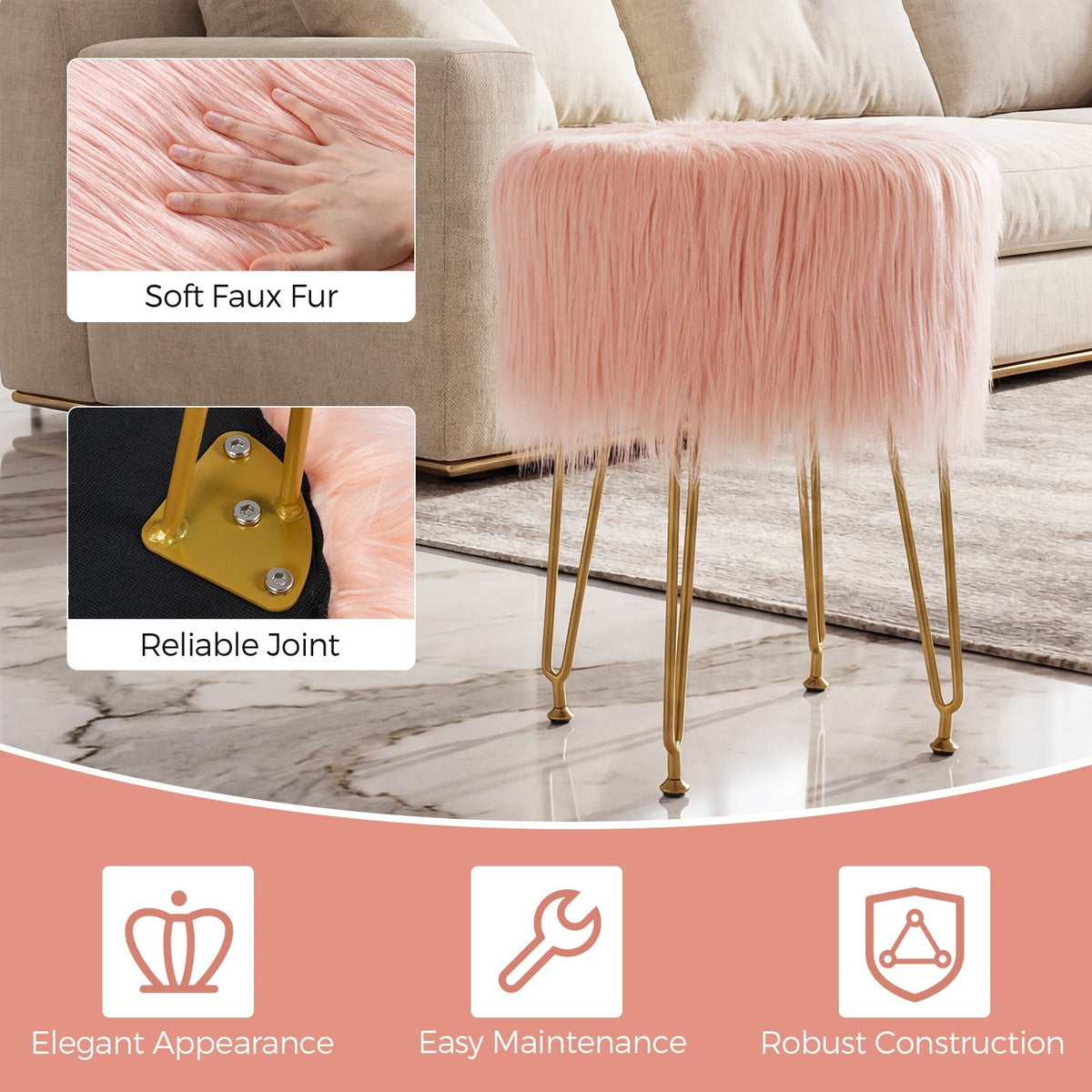 Faux Fur Vanity Stool Chair with Metal Legs for Bedroom and Living Room