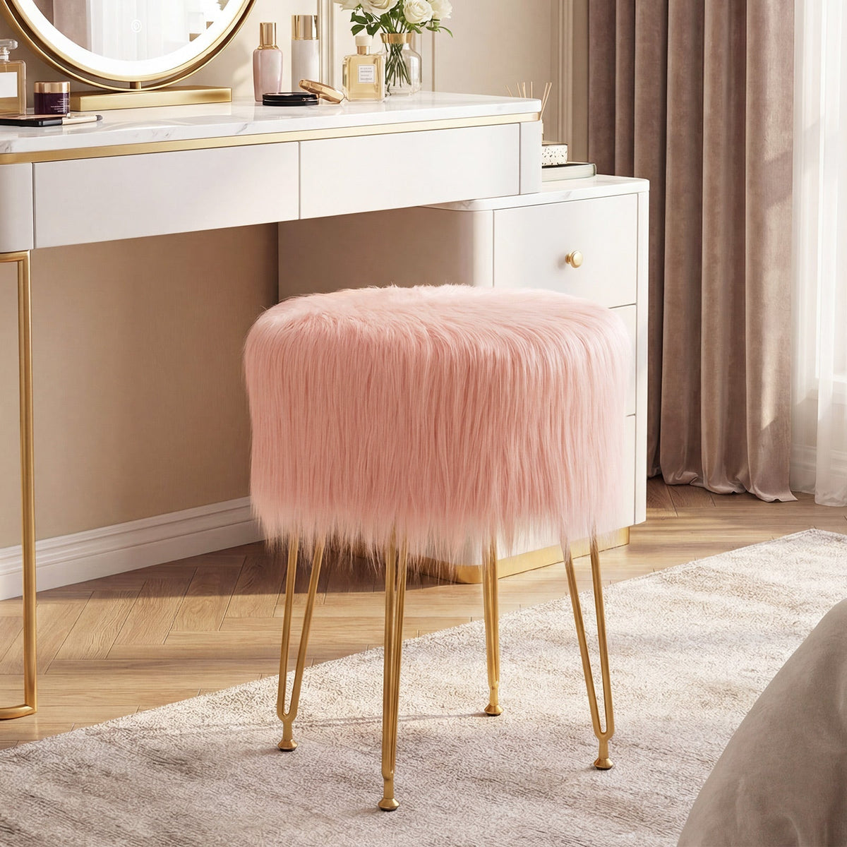 Faux Fur Vanity Stool Chair with Metal Legs for Bedroom and Living Room