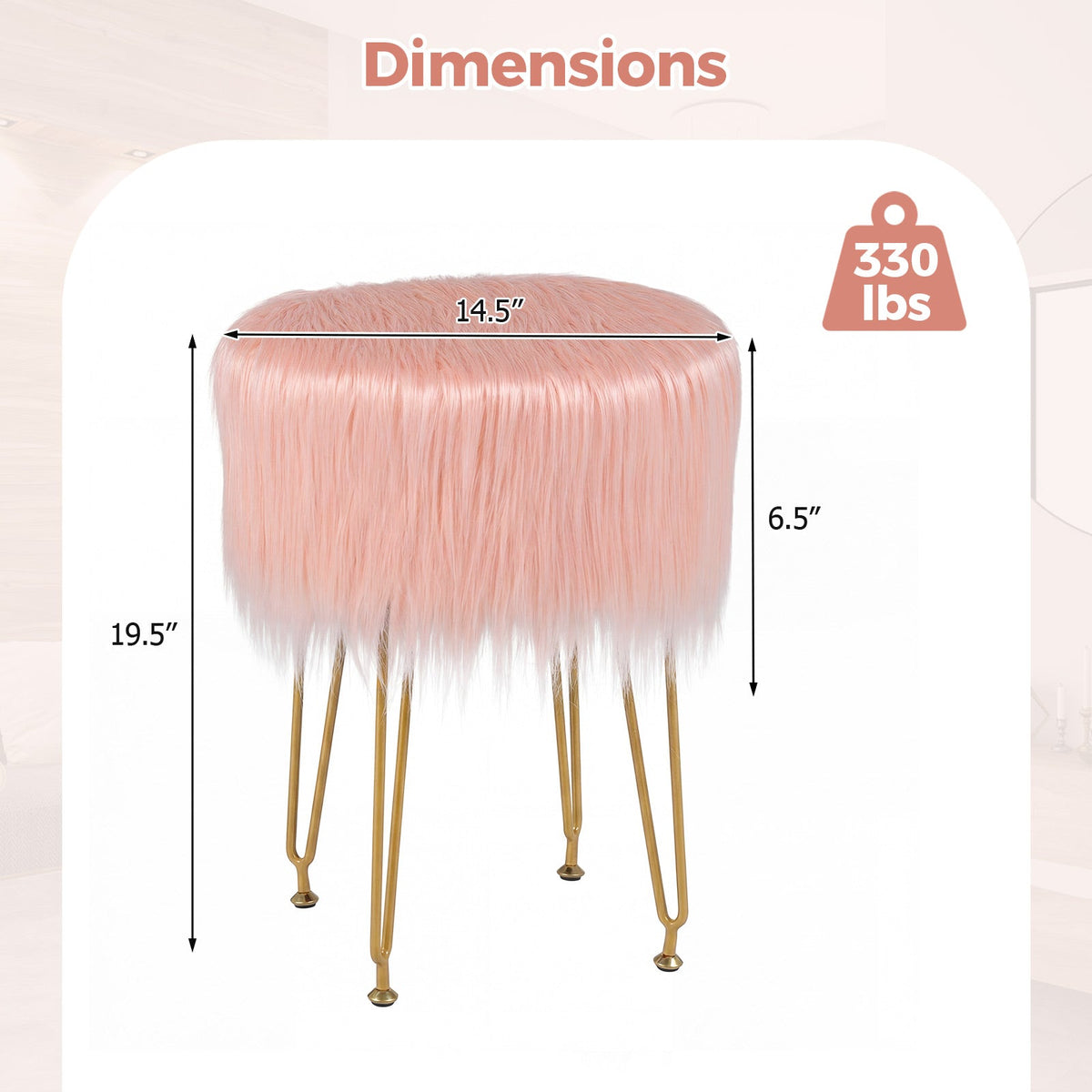 Faux Fur Vanity Stool Chair with Metal Legs for Bedroom and Living Room