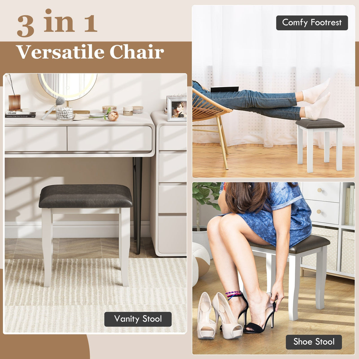 Faux Leather Vanity Stool Chair Set of 2 for Makeup Room and Living Room-Gray and White