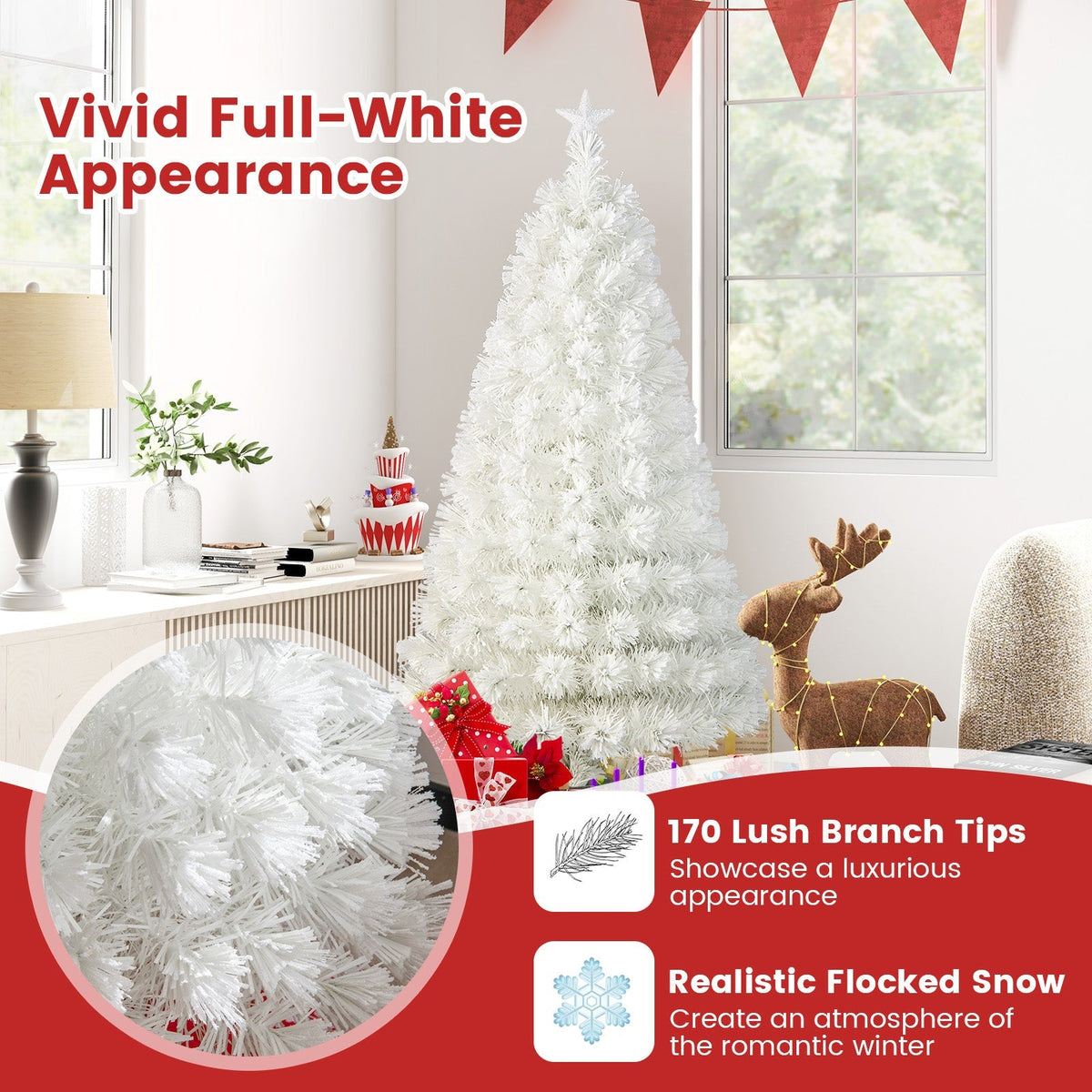 6/7 Feet Pre-Lit Fiber Optic White Snow-Flocked Artificial Christmas Tree