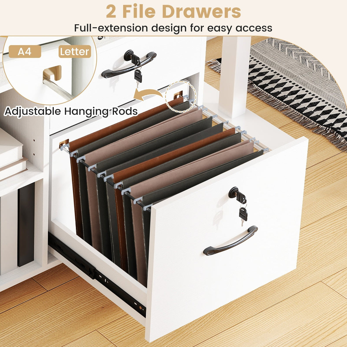 File Cabinet with Lock Mobile Lateral Filing Storage Organizer Modern Rolling Printer Stand