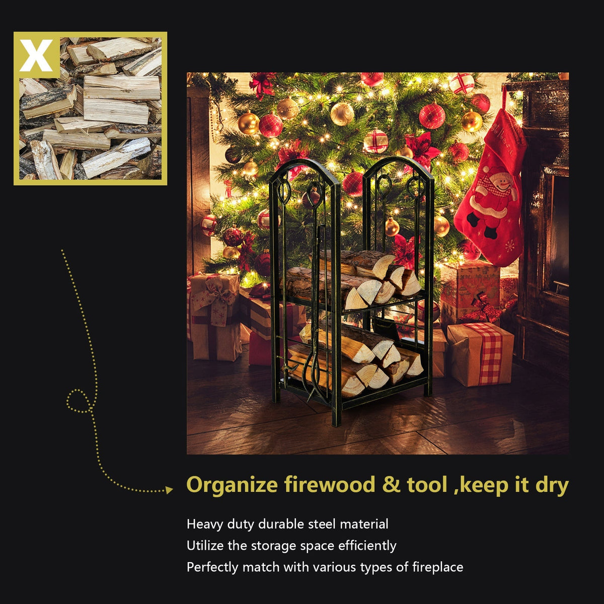 Fireplace Log Rack with 4 Tools Set Fireside Firewood Holder