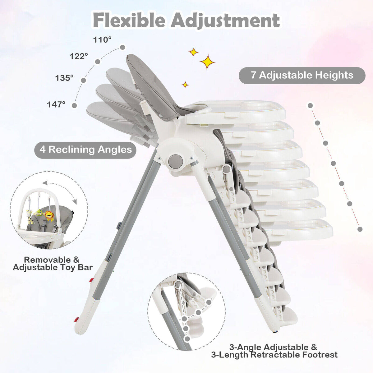 4-in-1 Foldable Baby High Chair with 7 Adjustable Heights and Free Toys Bar