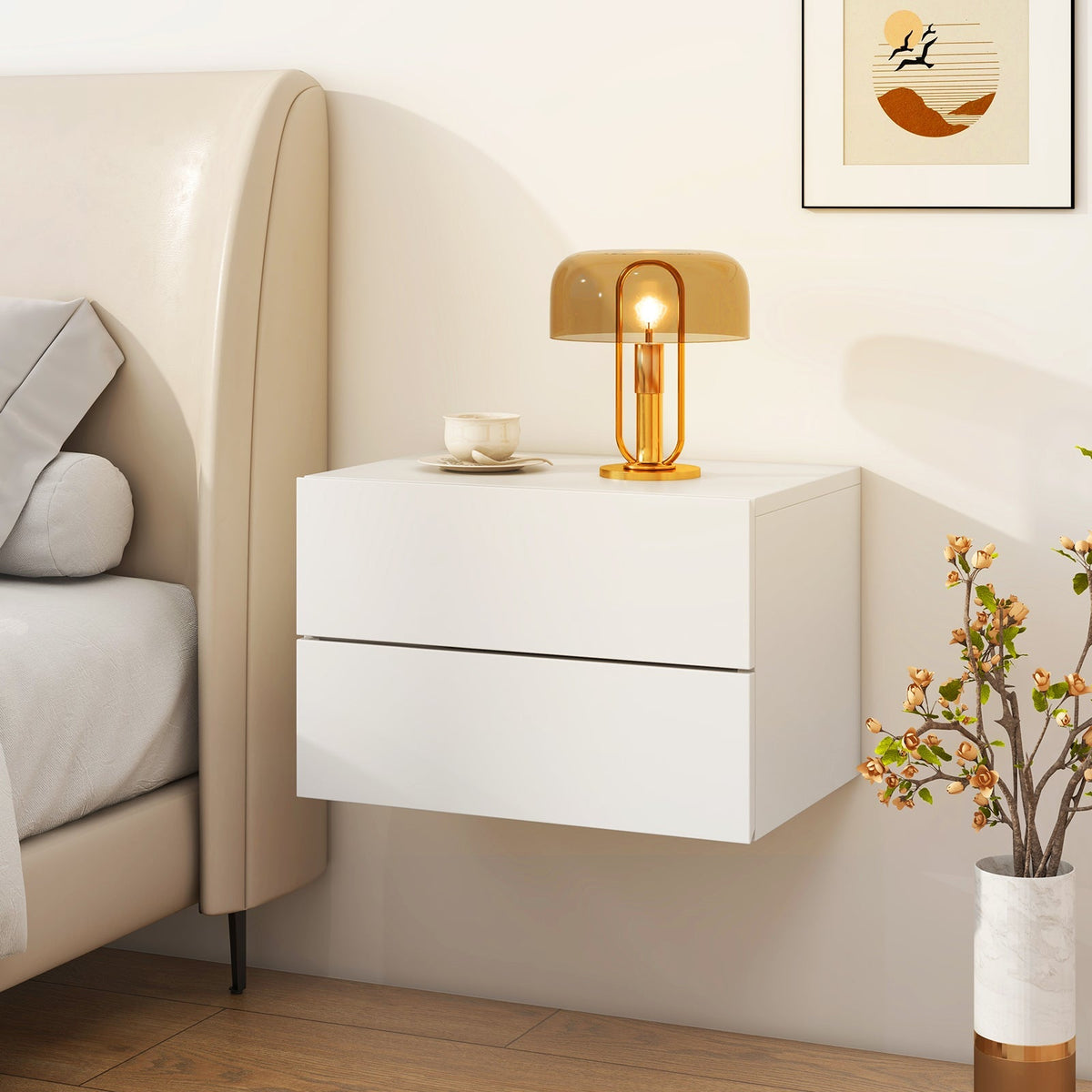 Floating Nightstand with Drawers and Storage Shelf
