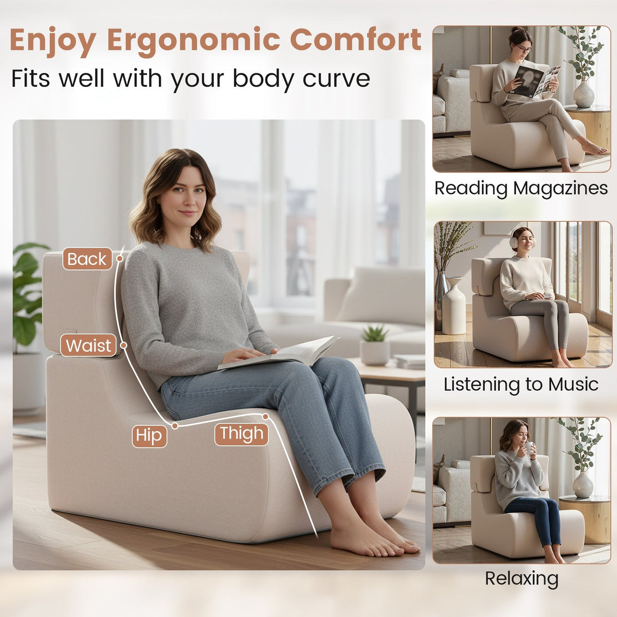 Floor Chair Lazy Sofa with Detachable Headrest
