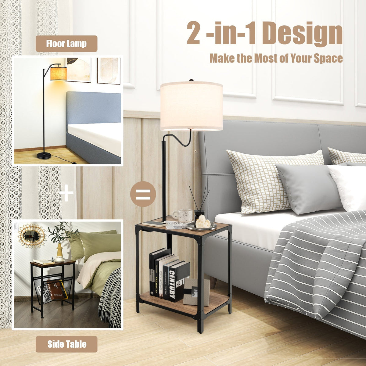 360¬∞ Rotatable Floor Lamp with End Table and USB Charging Ports