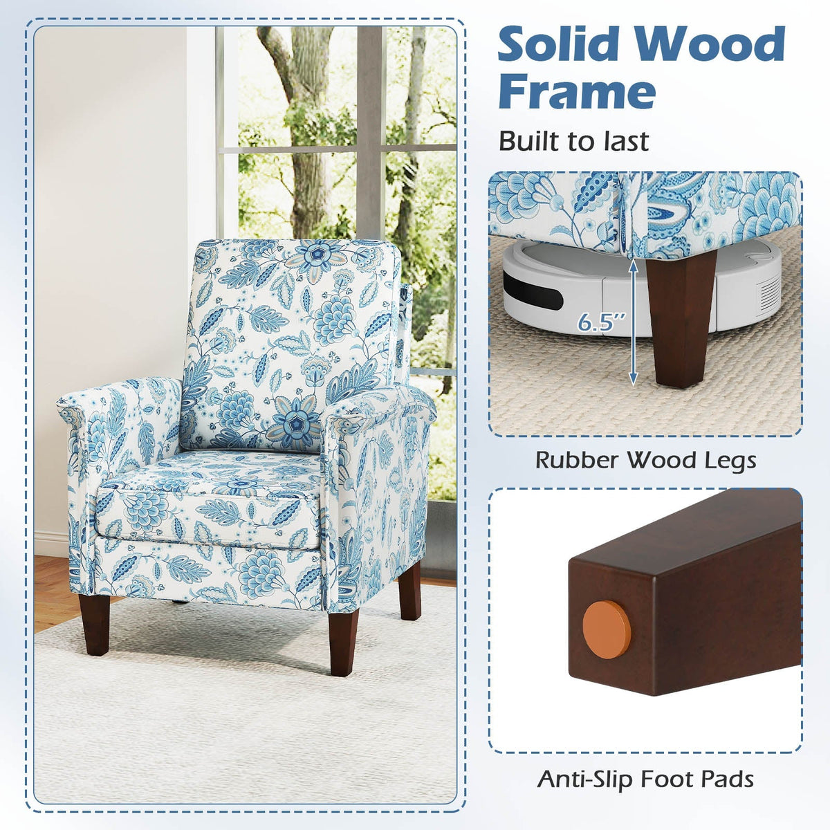 Floral Accent Chair Farmhouse Boho Armchair with Solid Wood Legs and High Back