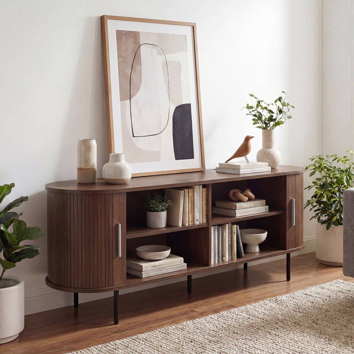 Fluted TV Stand for TVs up to 60" Mid Century Curved Entertainment Center
